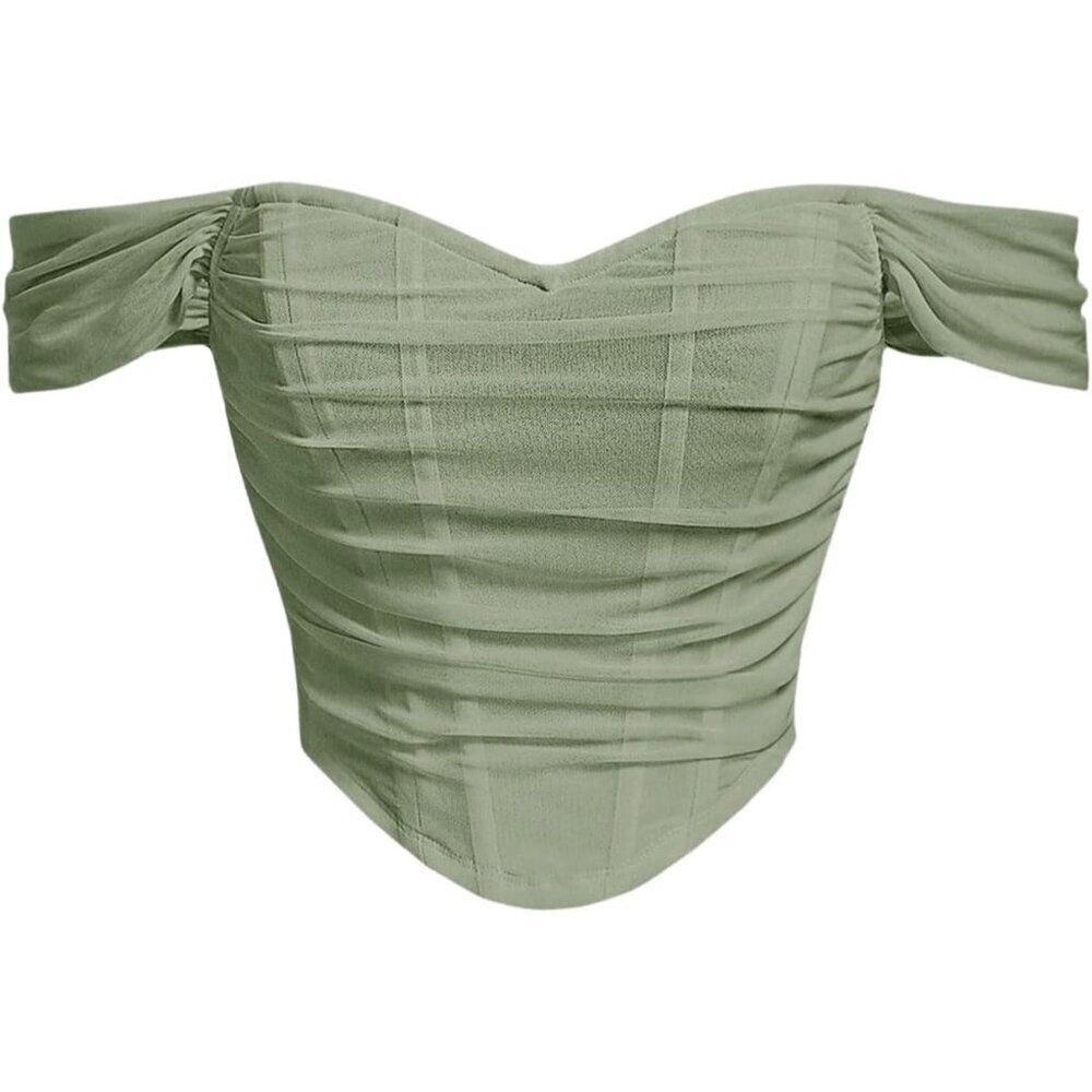 Women's Off Shoulder Crop Top Short Sleeve Asymmetrical Hem Ruched Bustier